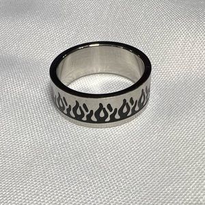 Stainless Steel Ring Wide Band Silver with Black Flames Size 10